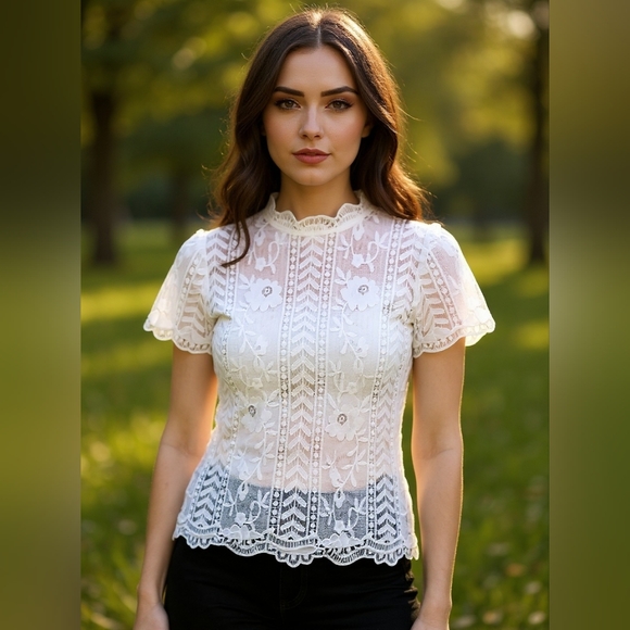 love J Tops - LoveJ Lace See Through Flutter Sleeve Top with Zipper Back Size Small
